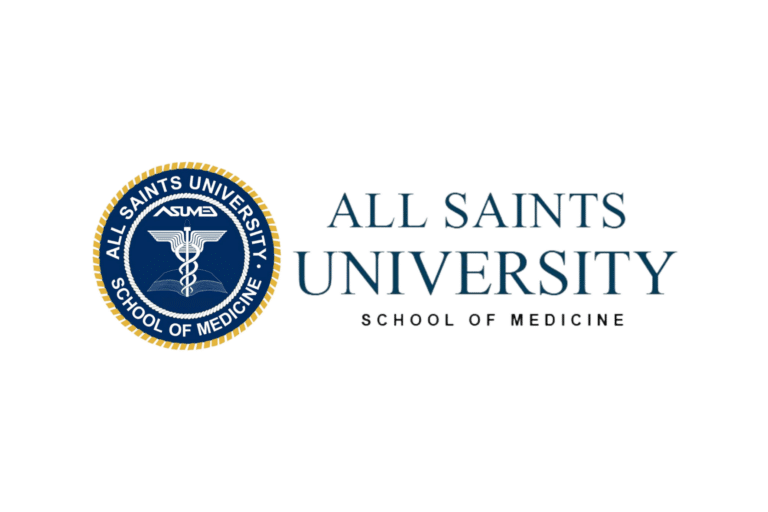 Logo of All Saints University, School of Medicine. Features a circular blue and gold seal with a caduceus and an open book, alongside the university name in large serif font