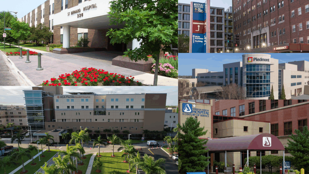 A collage of five images showcasing various hospitals for clinical rotations. Top left: St. Bernard Hospital entrance with red flower beds and greenery. Top right: Sinai Health System building with signs for emergency and main parking. Middle right: Piedmont Hospital with a modern glass facade. Bottom left: HCA Florida Kendall Hospital with palm trees and a well-maintained lawn. Bottom right: Norwegian American Hospital entrance with a red canopy and the tagline "A Century of Service."