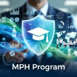 Master of Public Health (MPH) Program visual: modern shield and graduation cap icon with data analytics, global health map, and diverse healthcare professionals representing leadership in public health